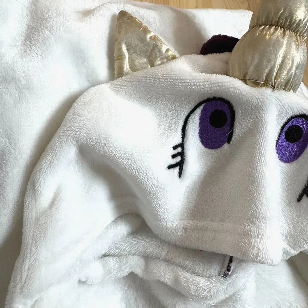 Kanguru Unicorn Fleece Hooded Blanket Wearable Plush Rainbow White Gold Horn